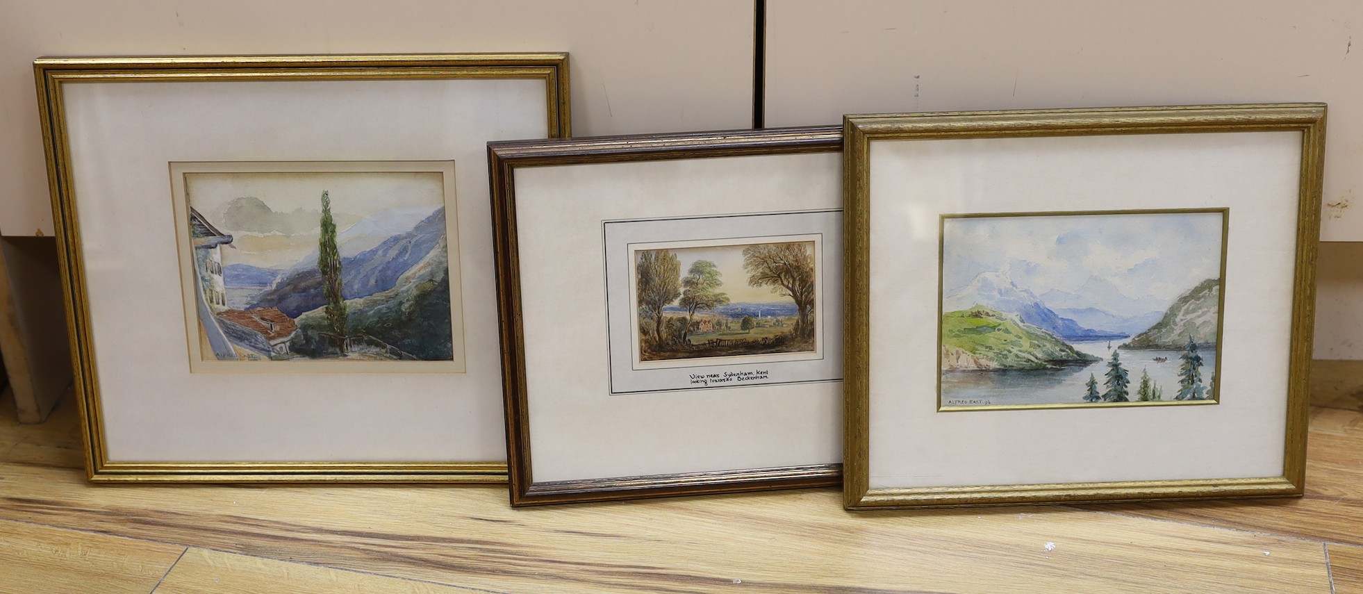 Sir Alfred East (1849-1913), two watercolours, Alpine scenes, both signed, one dated '96, 12 x 18cm and 12 x 17cm, with a small watercolour View of Sydenham, Kent, by another hand